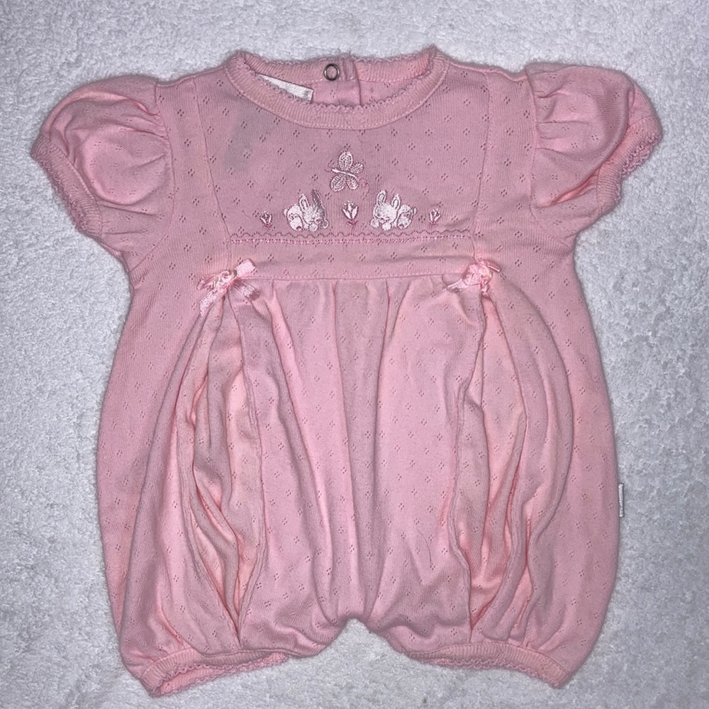 Vintage Rumble tumble pink embroidered bunny romper 0/3m